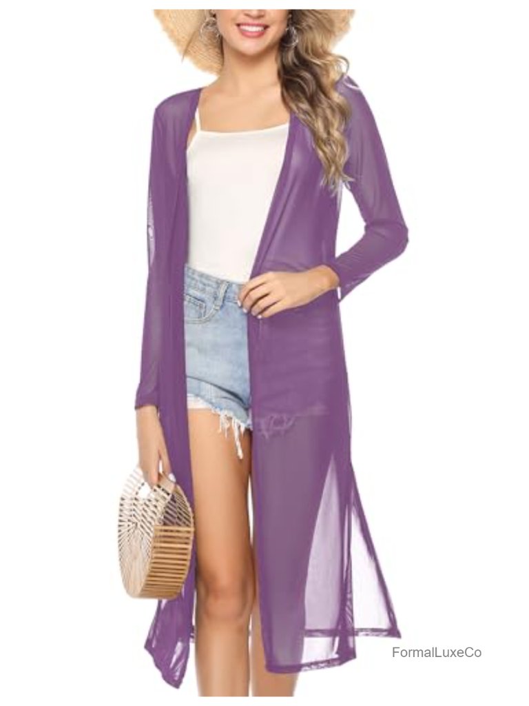 Lightweight Long Cardigan Open Front Duster Beach Cover Up Solid